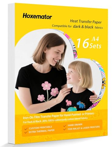 Hoxemator Carta Transfer per Tessuti Scuri [16 Fogli] Carta Termoadesiva Stampabile per Magliette, Compatibile con Stampanti Inkjet e Laser, Vinile Trasferibile per T-Shirt, Borse e Tessuti in Cotone