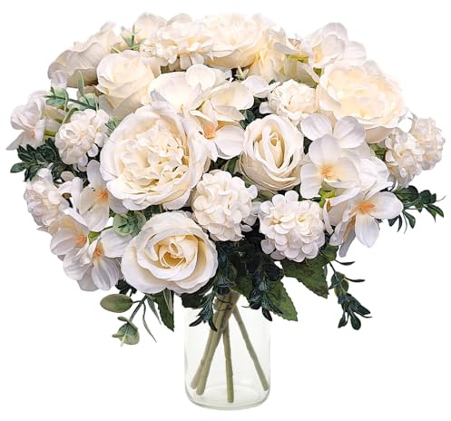 Jusdoja 4 Bunches Peony Artificial Flowers with Hydrangea Roses, White | Faux Silk Bouquet Decor for Indoor, Outdoor, Home, Wedding, Party, Table Centerpiece.
