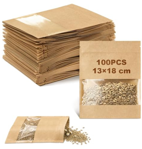 mawmuaw 100 st. fröpåsar 13 x 18 cm papperspåsar med fönster brun liten | Återanvändbara påsar med fönster papperspåsar bröllop, jul, adventskalender, blomfrön som presentpåse