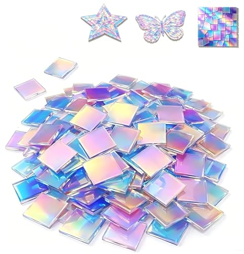 FUFRE Pietre per mosaico in acrilico per fai da te, piastrelle per mosaico, set di pietre iridescenti arcobaleno, vetro colorato iridescente, resistenti al gelo, per esterni, per progetti fai da te e
