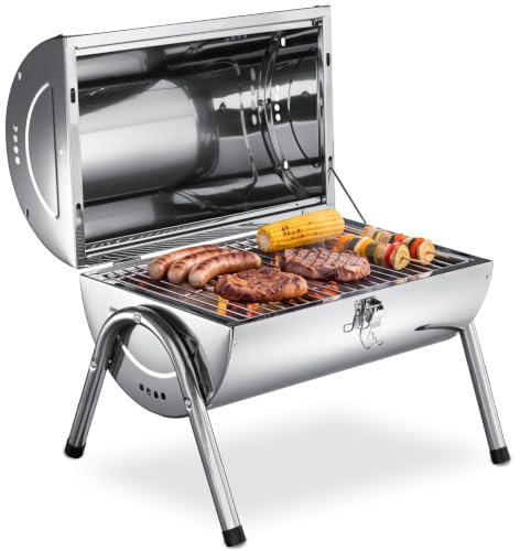 tectake® Barbecue portable avec double surface de cuisson, 42x30.5x44 cm | Acier inox, Couvercle pratique, Poignée en bois, Trous d'aération, Bacs à charbon amovibles, Pinces pour grille, Stabilité