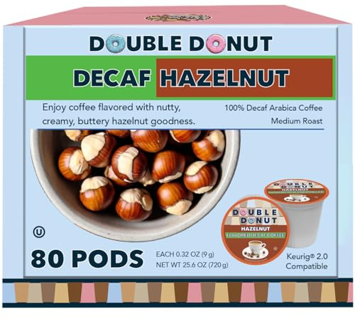 Double Donut Coffee Flavored Decaf Coffee, Decaf Hazelnut Coffee, Decaf Coffee Pods for Keurig K Cups Machines, Medium Roast, 80 Count (Pack of 1)