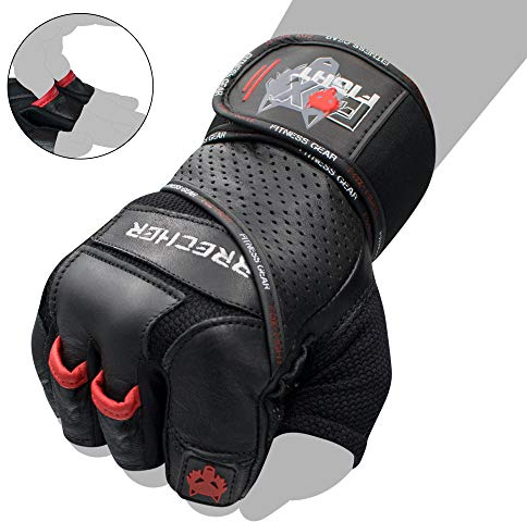 FOX-FIGHT Fitnesshandschuhe Trainingshandschuhe Kraftsport Damen Herren Leder Handschuhe Bodybuilding Sporthandschuhe mit Handgelenkbandage für Krafttraining Gewichtheben Brecher L