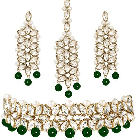 Aheli Faux Stone Studded Wedding Bridal Choker Necklace with Maang Tikka Set Indian Traditional Fashion Bharatanatyam jewellery set Gift for Women