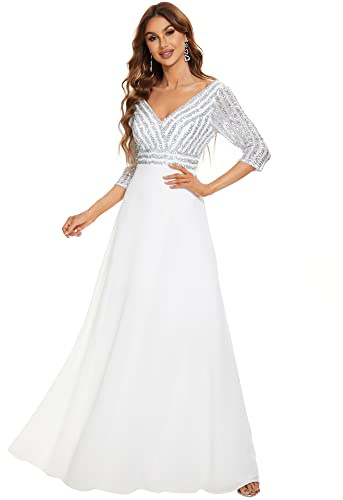 Ever-Pretty Vestido de Fiesta Lentejuelas Manga Larga Mujer A-línea Escote en V Imperio Elegant Blanco 44