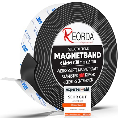 REORDA® Magnetband selbstklebend stark - Magnetstreifen selbstklebend mit starkem 3M Kleber - Magnetklebeband mit optimierter Magnetkraft - Magnet Klebeband
