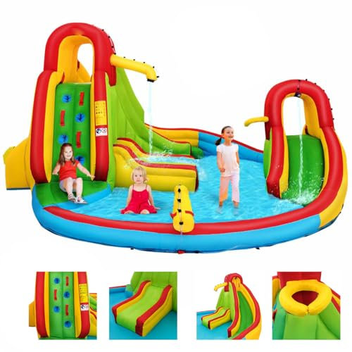 GOPLUS Castillo Hinchable, Inchable Infantil Interior Exterior, Cosido de Material Extra Rueso, Ninos Adecuado de 3 a 10 Años, Con Piscina, Zona de Escalada, Tobogán, 420 x 420 x 233 cm