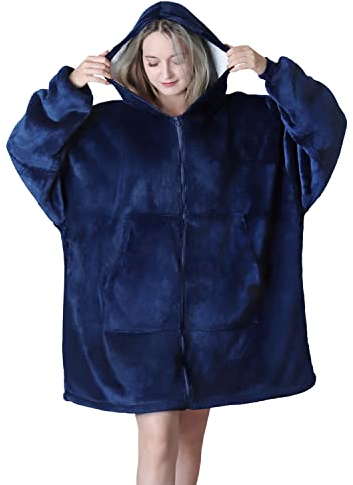 Queenshin Manta con Capucha Batamanta con Bolsillos y Cremallera Hoodie Sudadera, Manta Sherpa Reversible Súper Suaves Caliente Pijama, Un Tamaño Para Todos, Azul Marino, Azul Marino