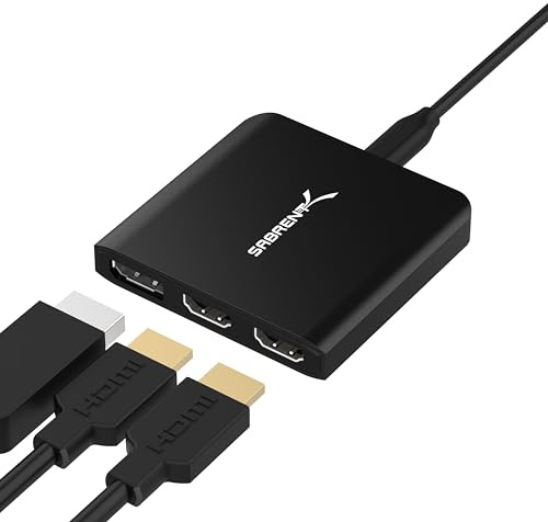 Sabret USB typ C till x2 HDMI och x1 DisplayPort-adapter, 8K @30Hz 4K @60Hz kompatibel med Thunderbolt 3 eller USB-C (Typ-C) port som kan displayport alternativt läge (DP Alt-läge) (DA-H2D1)