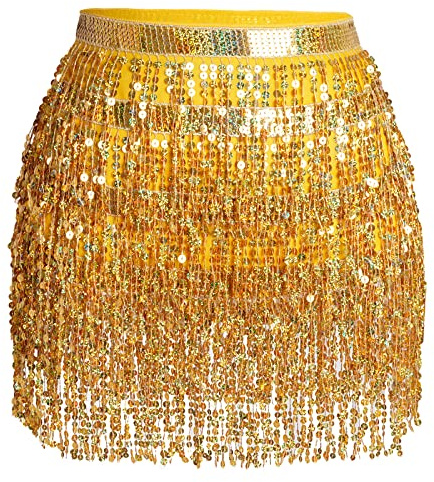 Magdanssjal, scarf med paljett, tofs, kjol, glittrande rave-dräkt för kvinnor, Guld, 44