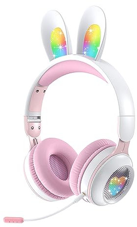 Casque Audio Enfant Bluetooth, Woukksy 85dB Casque sans Fil pour Enfant, Pliable Supra-Auriculaires Écouteurs sans Fil et Filaire avec LED Oreille de Lapin et Micro pour Garçon/Fille/Tablette-Rose