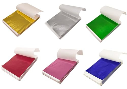 Imitation Blattgold, 300 Stück Vergoldung Folie, Mehrfarbige Goldfolie, Farben Imitation Blattgold, Gold Leaf für Kunst, für Vergoldung, Malerei Kunst, Handwerk Nägel, Heimwerker (6 Farben)