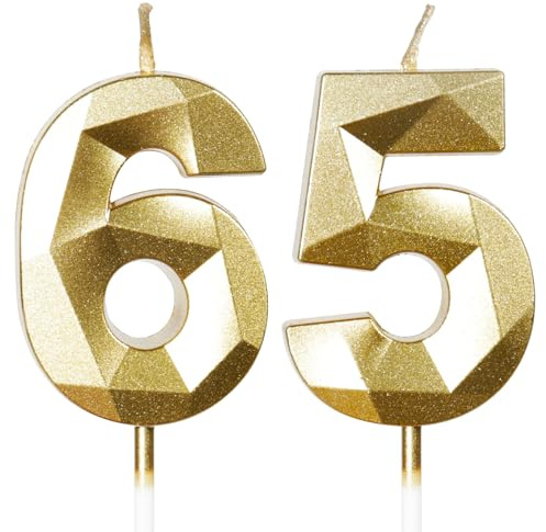 Yiran Velas de cumpleaños número 65, velas doradas con el número 65, decoraciones para tartas para fiestas de cumpleaños, suministros de celebración de aniversario de boda
