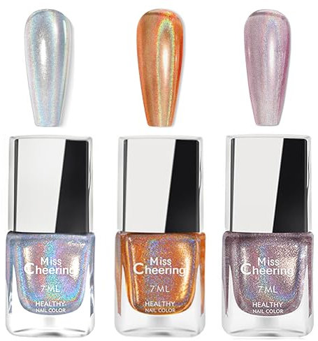 3PCS Nail Polish Set - Silver Gold Pink Holographic Nail Varnish Set - Shimmer Iridescent Nail Polish Quick Dry - Oil Base Breathable Nail Polish No Chip Long Last No Need Bake