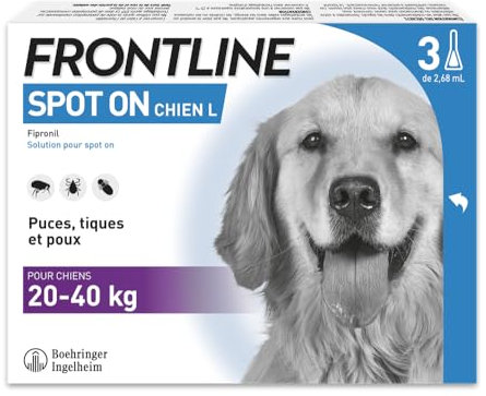 FRONTLINE Spot on Chien - Anti Puces, Anti-Tiques et Poux - Élimine Puces Pendant 8 Semaines-Tiques Pendant 4 Semaines - pour Chien 20 à 40 kg - Fabriqué en France - 3 Pipettes