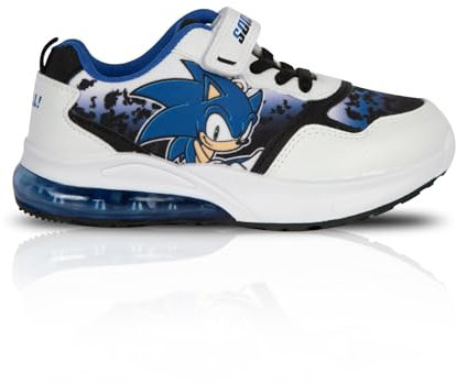 SONIC THE HEDGEHOG Kinder-Turnschuhe für Jungen, leuchtende Turnschuhe, offizielles SEGA-Lizenzprodukt, Sneakers mit LED-Sohle, Touch-Verschluss, Slogan, Jungen-Mädchen-Sneaker, Größe 42 bis 36, weiß