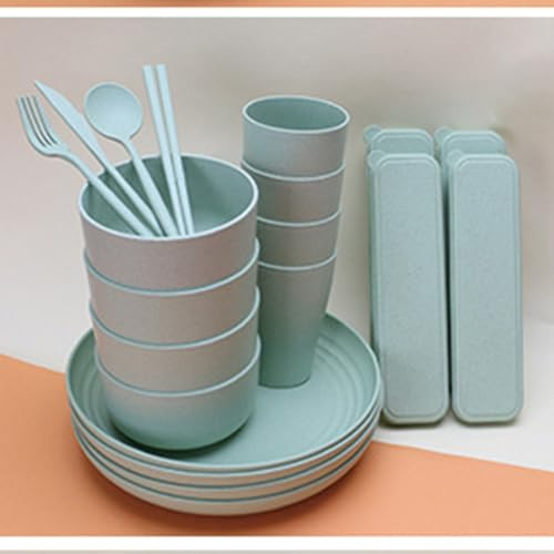 Kit da campeggio da 32 pezzi for 4 persone con ciotola, piatto, tazza, cucchiaio, forchetta, coltello, bacchette. Set di stoviglie leggero e portatile for viaggi, picnic(Green)