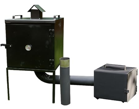 QLS Forno per affumicatura in metallo con braciere, 50 x 50 x 50 cm, con termometro, 6 ganci, deflettore, set di tubi, robusta struttura in lamiera d'acciaio, resistente al calore