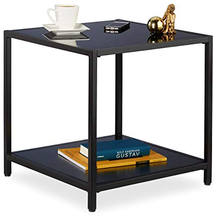Relaxdays Beistelltisch, quadratischer Couchtisch, Schwarzglas, Metall & MDF, modern, Wohnzimmer, 50x50x50 cm, schwarz