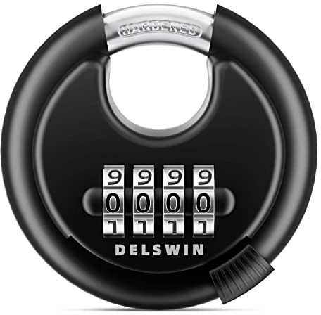 DELSWIN 4 Digit Combination Disc Padlock with Hardened Steel Shackle Combo Lock for Sheds, Storage Unit, School Gym Locker and Fence (Black,1Pcs)