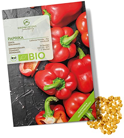 BIO Paprika Samen (California Wonder, 10 Korn) - Rote Paprika Saatgut aus biologischem Anbau ideal für die Anzucht im Garten, Balkon oder Terrasse