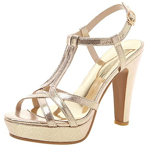 Lroey Reoly Sandalias para Mujer de Tacón Alto, Sandalias Punta Abierta Elegante Tacón Ancho Zapatos de Fiesta con Plataforma Hebilla T Strap 069 Oro Talla 33 EU