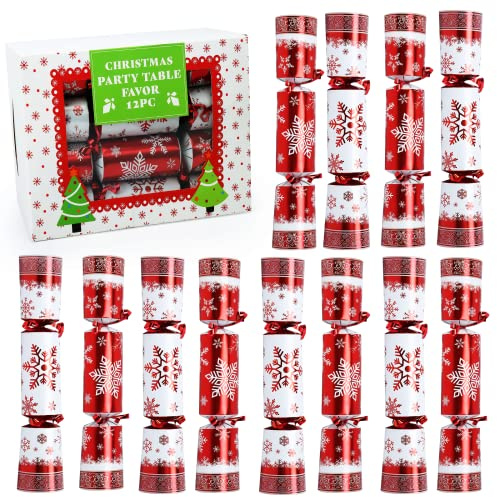 FunsLane 12 Pack 10 Luxurious Red & White Snowflake Design Table Favors with Party Hat, Joke & Xmas Gift for Kids Christmas Parties & Holidays
