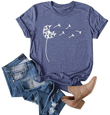 Cicy Bell Camisetas con estampado de diente de león para mujer, lindas camisetas gráficas, cuello redondo, manga corta, camisetas de algodón para verano, azul, L
