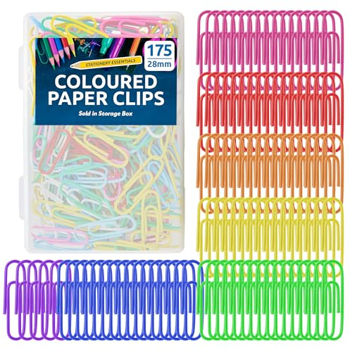 SOL 175pk Coloured Paper Clips, Small 28mm Paperclips in Storage Box, Durable & Vibrant Metal Paperclips, Ideal for Organising, Office Use, School Supplies, Crafts, Paper Management & Sorting