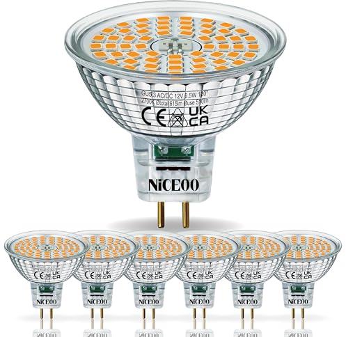 NICEOO GU5.3 LED Lampe Warmweiss 2700K 6.5W Ersetzt 50W 615 Lumen MR16 Halogen Leuchtmittel, Flimmerfrei AC/DC 12V Energiesparlampen Abstrahlwinkel 120° Birnen, Nicht Dimmbar Glühbirnen, 6er-Pack