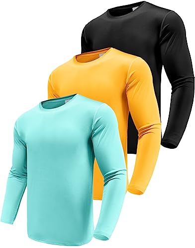 Men's 3 Pack Performance Long Sleeve T-Shirts, UPF 50+ Sun Protection Shirts, Athletic Workout Shirts for Running Black/Yellow/Green-3P08-XL