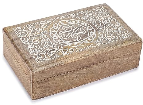 Ajuny Caja de Almacenamiento de Joyas Decorativa de Madera Tallada a mano con Diseño de Flores Organizador Multiusos para Guardar Collares Relojes Regalos 8x5 pulgadas
