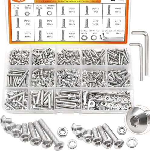 Taiss M3 M4 Schrauben Muttern Set Linsenkopfschrauben 4mm/5mm/6mm/8mm/12mm/16mm/20mm/25mm 304 Edelstahl-Rundkopf-Schrauben mit Muttern/Dichtungen/Schlüssel 405PCS