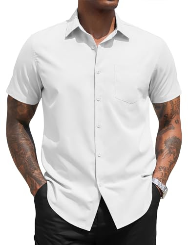 COOFANDY Chemise Homme Manche Courte Regular Fit Été Chemise Casual Business Elegant Chemises Classique Bureau Ville avec Poche Chemises Infroissable sans Repassage Blanc XL