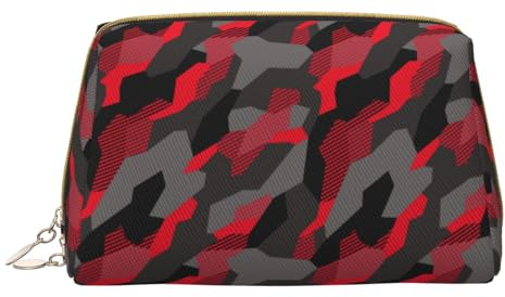 Bolsa de maquillaje de cuero, bolsa de maquillaje de camuflaje rojo, gris y negro, bolsa de aseo de viaje para mujeres, bolsa de maquillaje, organizador de bolsa de maquillaje de gran capacidad