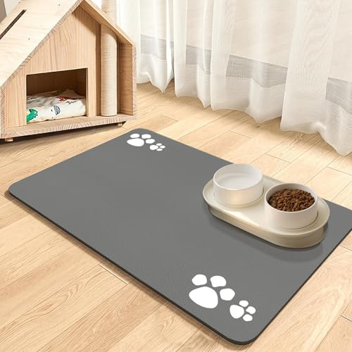 Hundmatmatta vattenabsorberande hund- och kattmatta för mat- och vattenskål, inga fläckar, snabbtorkande, husdjursmatningsmatta med vattentätt gummiunderlag (ljusgrå-4 tassar, 40 x 60 cm)