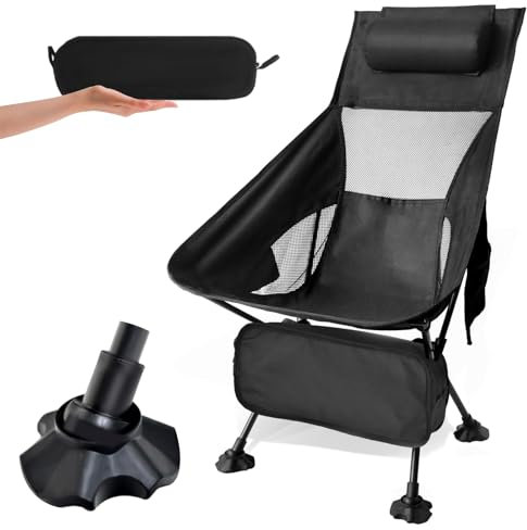 Campingstuhl Faltbar Klein 120kg,Ultraleicht Mini Camping Stuhl Kompakt und Froschfüße,Mit Seitentaschen und Kopfstützen,Stuhl mit Hohem Rücken,Zum Angeln im Freien/Wandern(Hoher Rücken, Schwarz)
