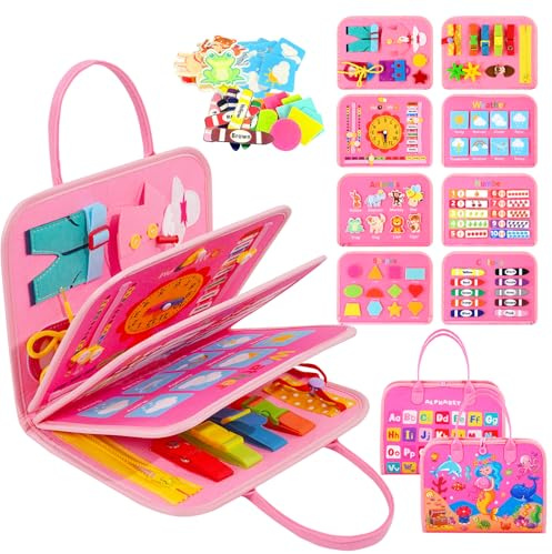 TINIFO Busy Board Montessori leksak från 1 2 3 4 år, småbarn aktivitetsbräda motorikleksak, baby pedagogisk leksak sensorisk present till pojke flicka, reseleksak för bil flygplan (rosa)