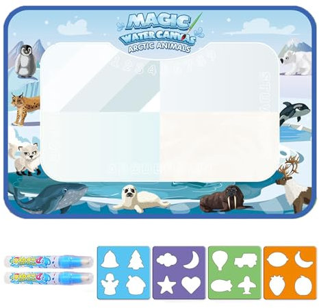 Aqua Doodle, esterilla de pintura al agua, alfombrilla de pintura con lápiz de agua, alfombrilla de dibujo reutilizable, 44 x 32 cm, tema de hielo y nieve, 4 plantillas y 2 bolígrafos, regalo de