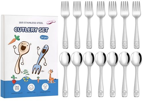 14-Piece Toddler Utensils, Children Safe Forks and Spoons, Kids Stainless Steel Silverware Set, Mirror Polished, Dishwasher Safe