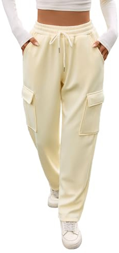 Kfnire Pantalones Mujer con Forro Polar Pantalon Chandal Mujer Invierno con Bolsillos Cargo Cintura Alta Elástica Pierna Recta (Crema,S)