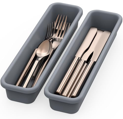 K KORKUAN 2 Pack Silicone Silverware Organizer, DIY Free Combination Utensil Drawer Organizer, Silverware Drawer Organizer, Flatware Cutlery Tray for Spoons Forks, Anti-slip Design (Grey)