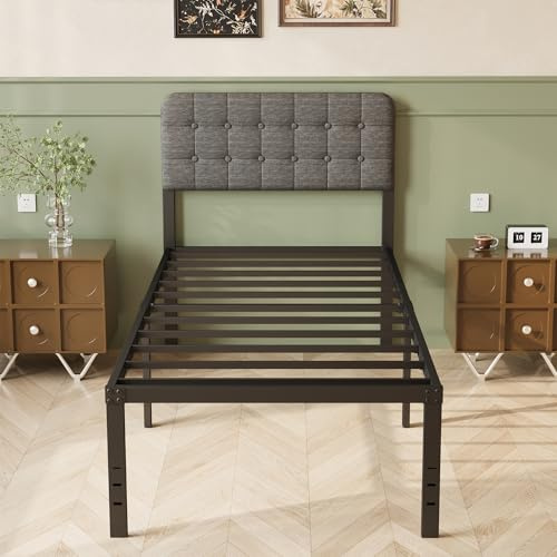 Lutown-Teen 90 x 200 cm Marco de Cama de Metal con Cabecero Tapizado Gris | Altura 36 cm, Soporte de Lamas de Acero,Amplio Almacenamiento Debajo de la Cama, Fácil Montaje, Libre de Ruidos