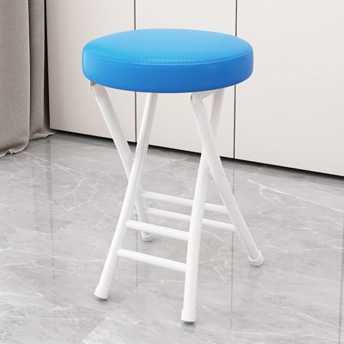QTWLG 50cm Hem Hopfällbar Pall Läder Vadderad Fällbara Stolar För Kök Campingdisk Inomhus Utomhus Portabel Hopfällbar Stol(Blue+White)