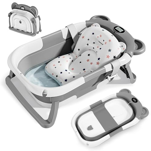 WGIDSKKI Baby Badewanne, Faltbare Babybadewanne mit Rutschfestem Badekissen, mit Integriertem Thermometer, Ergonomischer Babywanne, für Neugeborene von 0-36 Monaten (Grau)
