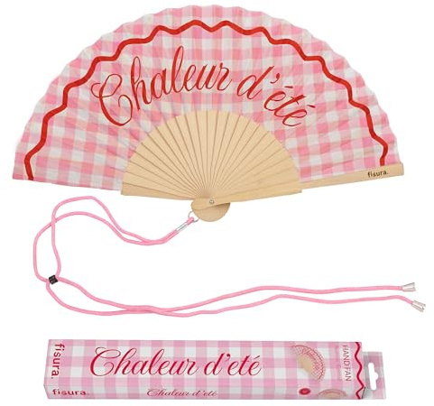 Fisura – Ventaglio originale con messaggio Chaleur d'été. Ventaglio in legno moderno e colorato. Ventilatore a mano a quadri rosa. Gancio incluso. Idea regalo divertente. 42,5 x 23 cm