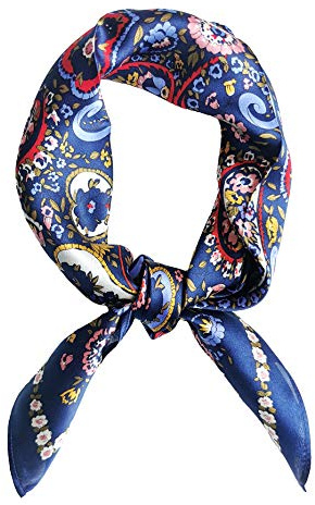 MEISEE Pure Natural Mulberry Silk Scarfs Women Small Square Scarf 21 x 21 Breathable Lightweight Neckerchief Printed Headscarf (New Blue flowers)