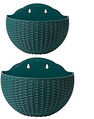 2 vasi da fiori a semicerchio da appendere alla parete, in finto rattan, con foro di drenaggio e ganci, in plastica, da giardino, per balconi, recinzioni (verde scuro)