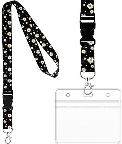 Tenare Daisy Lanyard with Card Protector Holder Daisy Neck Strap Flower Lanyard with Metal Clasp and Waterproof Transparent Card Protector Office Accessories(Black)