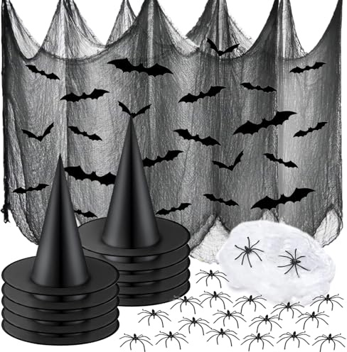 Halloween Deko Horror Stoff,200 X 100 cm Schwarzer Stoff Horror deko,mit 60 g Spinnenbaumwolle,20 Spinnen,24 Fledermäuse,10 Hüte,Stoff Schwarz Meterware Gaze Tuch Halloween Dekor für Spukhäuser Party